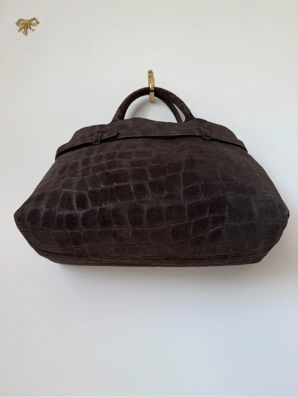 Dark Brown Suede crocodile embossed satchel Bag with gold Buckle and strap